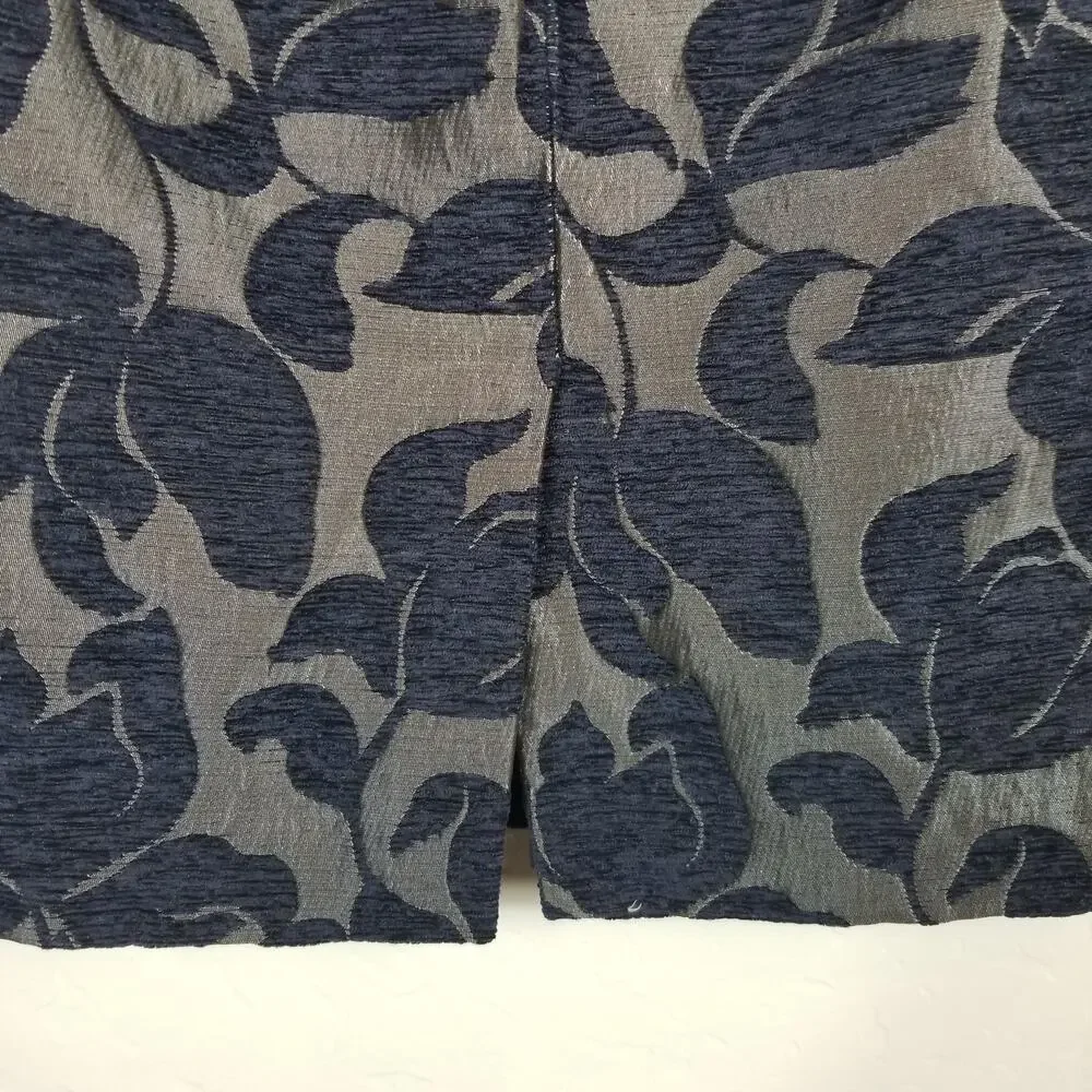 Ann Taylor Navy and Gray Leaf-Print Pencil Skirt